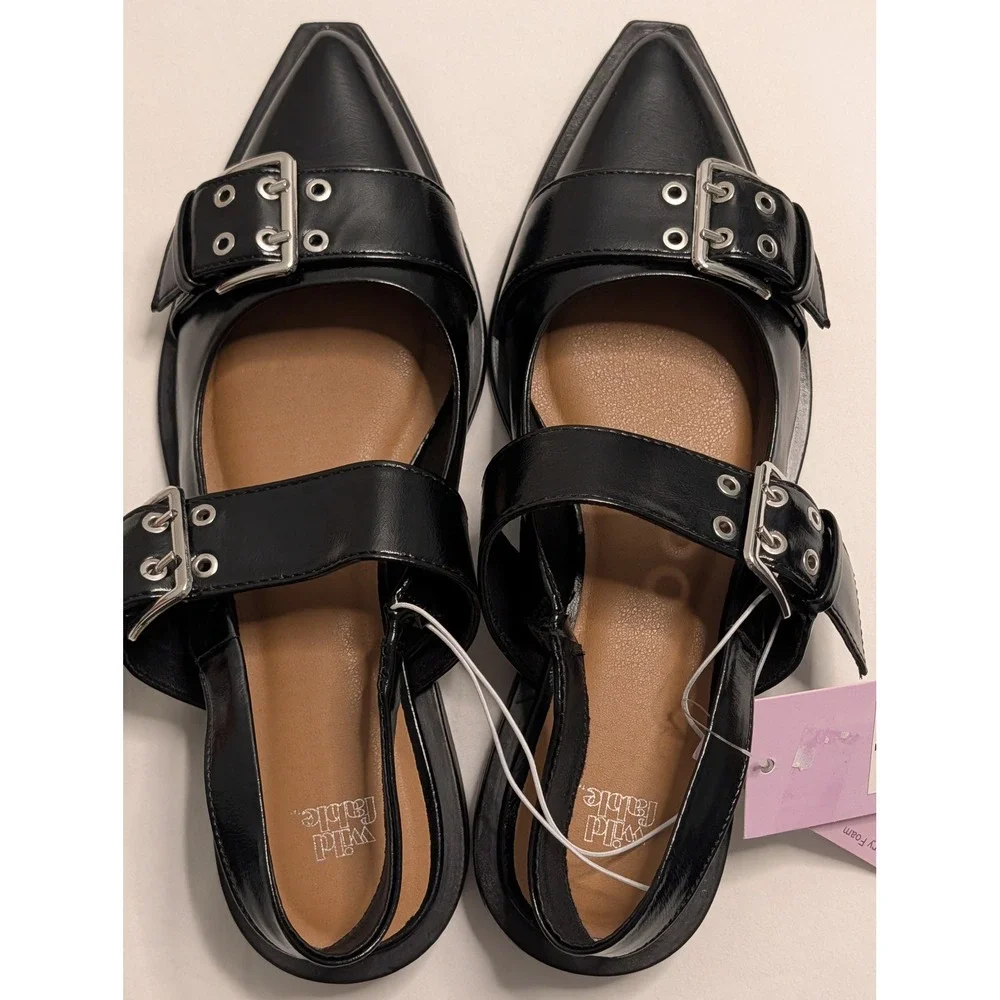 Wild Fable Womens Black Pointed Toe Double Buckle Slingback Flats Memory Foam 7